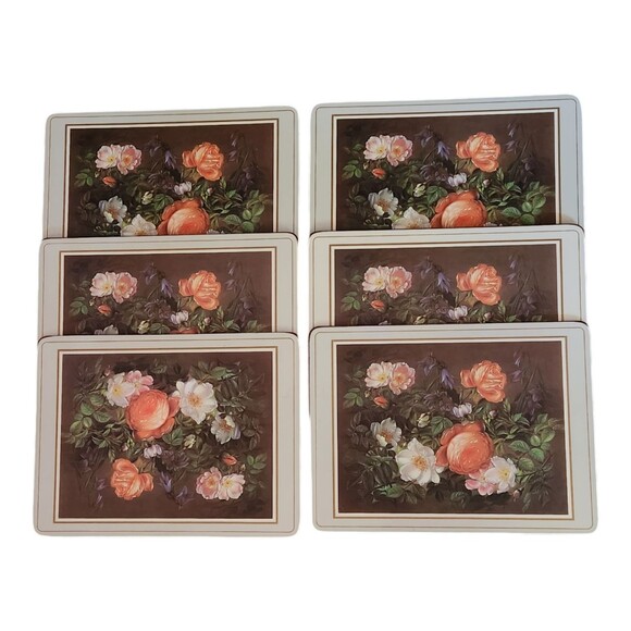 Vintage Set of 6 English Life Cork Back Placemats Classical Rose Grey 12" x 9" - Picture 1 of 5
